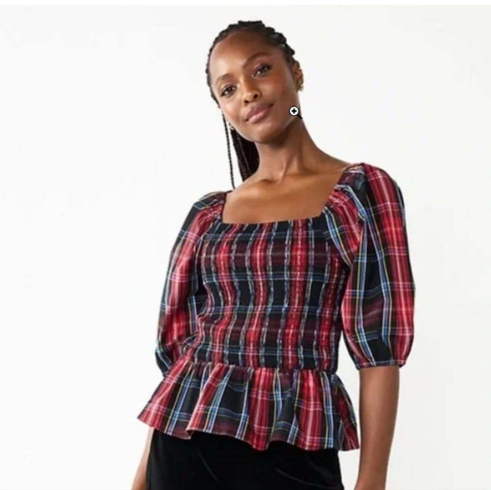 Draper James RSVP Women's Elbow Sleeve Smocked Peplum Top Red Multi Plaid Size S